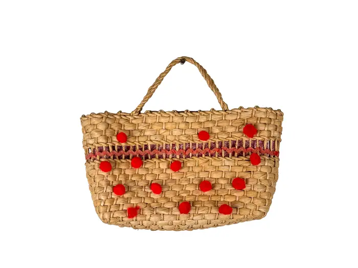 Cesta Palha Trançada com Bolinhas Vermelhas